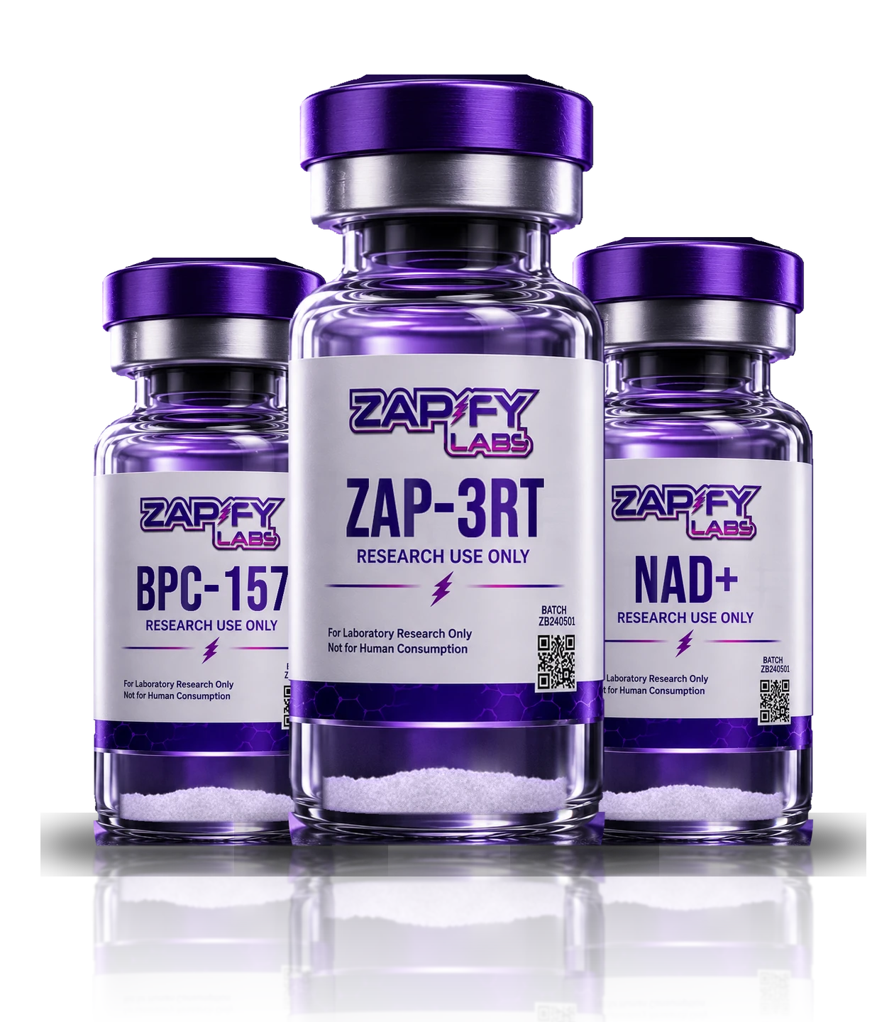 Zapify Labs research vials: BPC-157, ZAP-3RT, NAD+